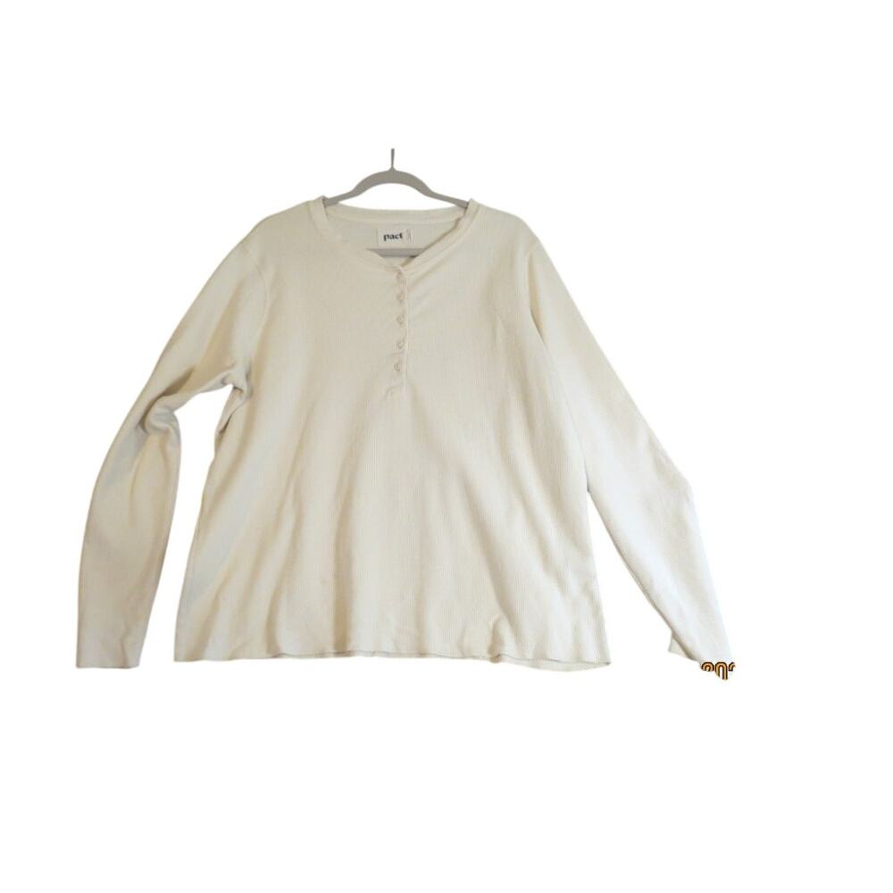 PACT 100% Organic Cotton Waffle Knit Henley Men's Large Cream